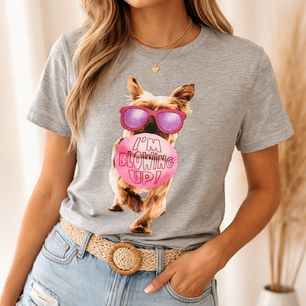 Wonder Nation Yorkie Bubble Gum Graphic Tee Girls XL 14/16 Gray Pink Dog